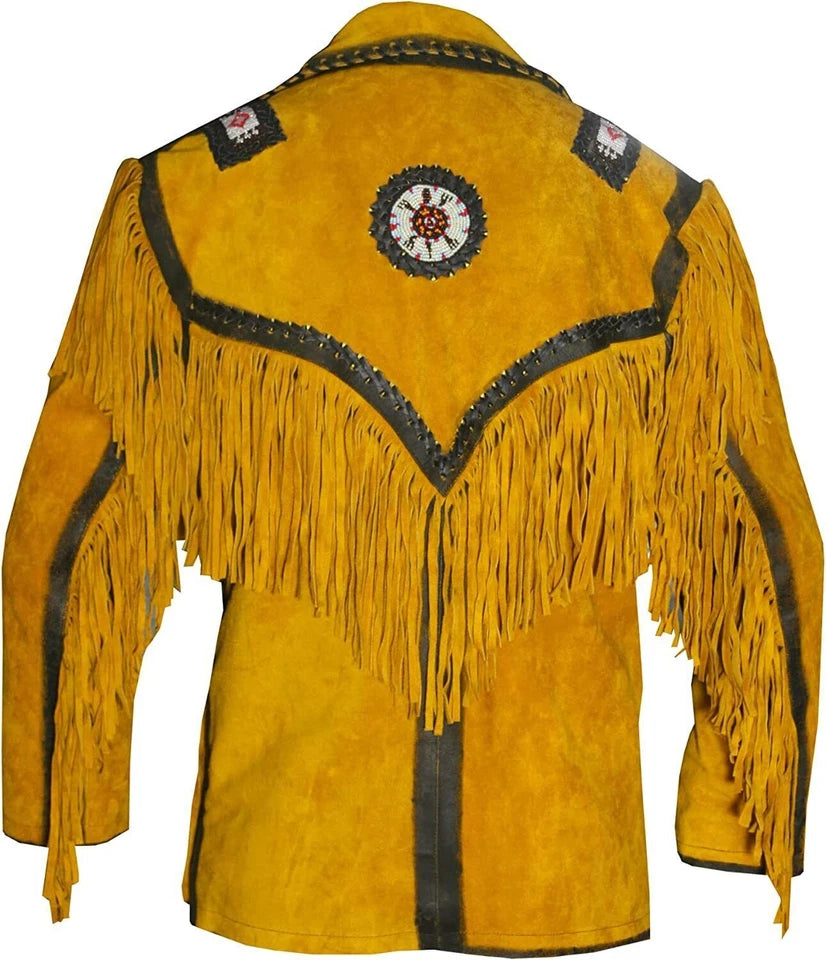 Men Western Cowboy Suede Fringe Jacket Beaded Native American Leather Jacket