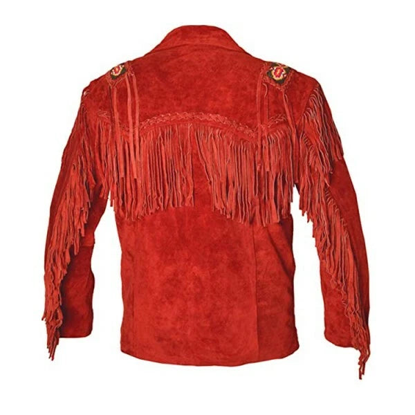Men Western Cowboy Suede Fringe Jacket Beaded Native American Leather Jacket