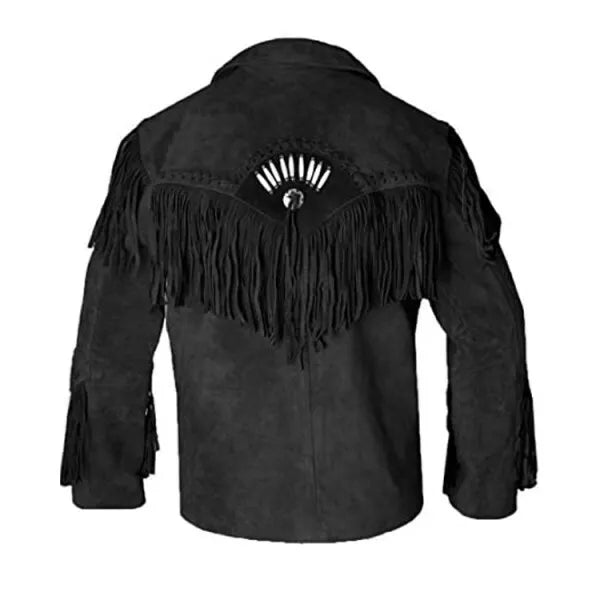 Men Western Cowboy Suede Fringe Jacket Beaded Native American Leather Jacket