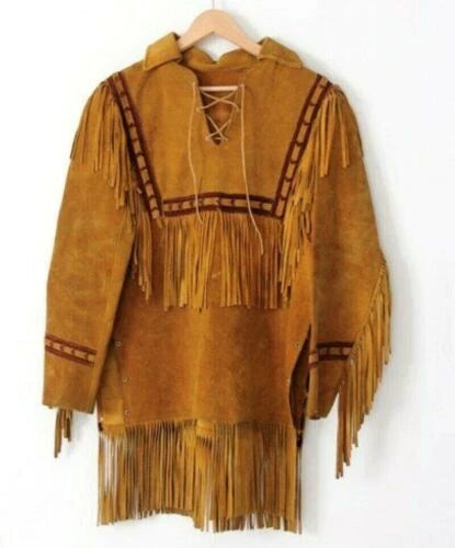 Men Western Cowboy Suede Fringe Shirt Native American Fringe Leather Jacket