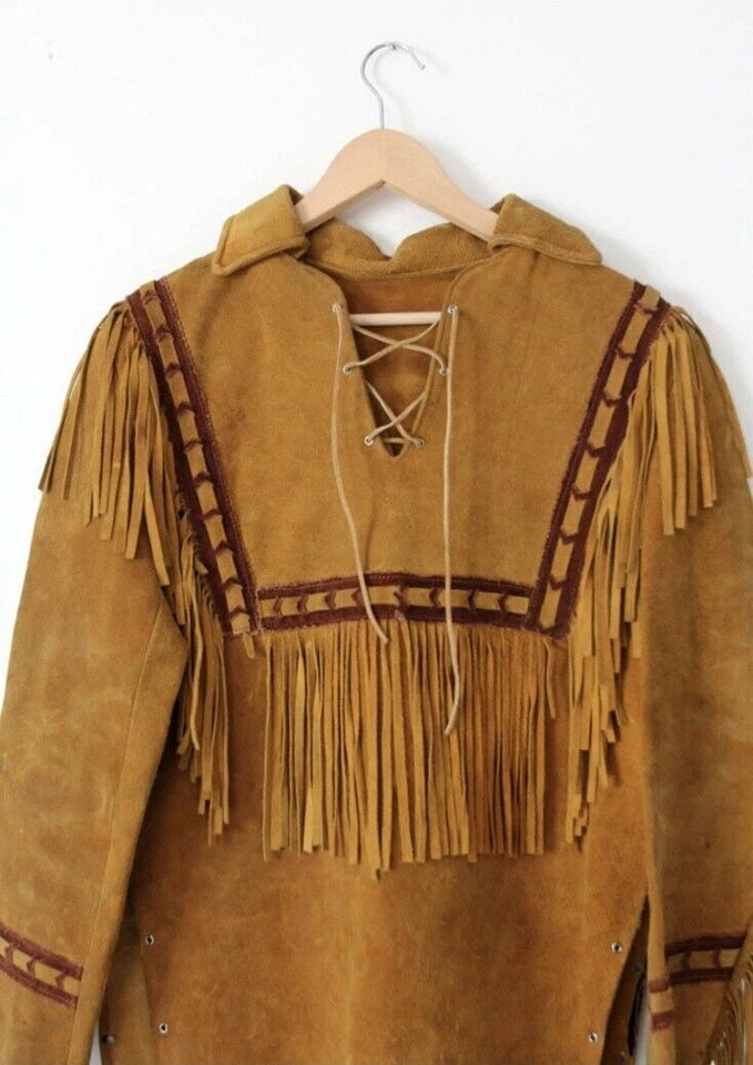 Men Western Cowboy Suede Fringe Shirt Native American Fringe Leather Jacket