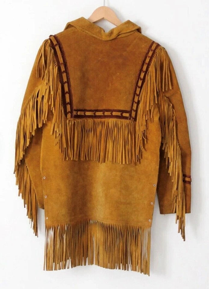 Men Western Cowboy Suede Fringe Shirt Native American Fringe Leather Jacket