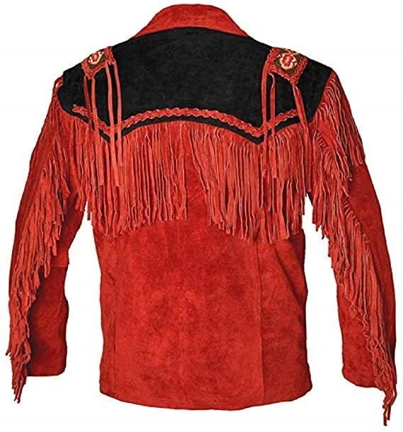Men Western Cowboy Suede Fringe Jacket Beaded Native American Leather Jacket