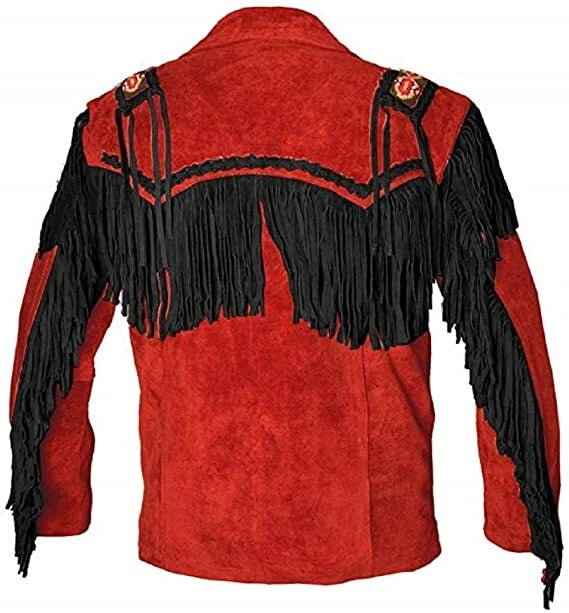 Men Western Cowboy Suede Fringe Jacket Beaded Native American Leather Jacket