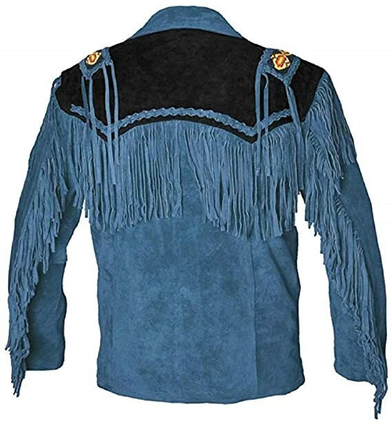 Men Western Cowboy Suede Fringe Jacket Beaded Native American Leather Jacket