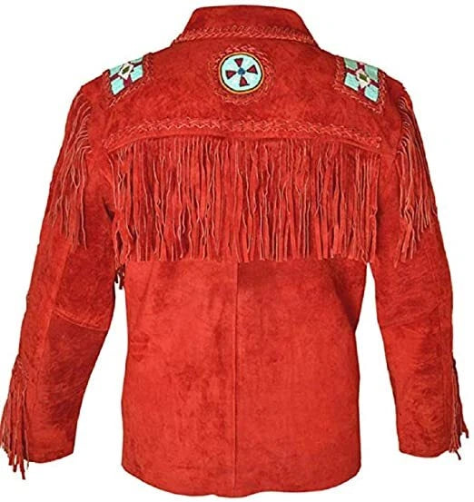 Men Western Cowboy Suede Fringe Jacket Beaded Native American Leather Jacket