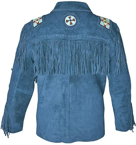 Men Western Cowboy Suede Fringe Jacket Beaded Native American Leather Jacket