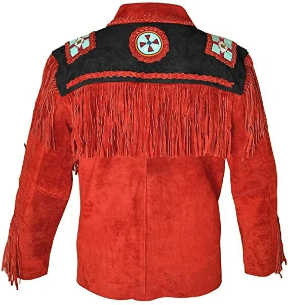 Men Western Cowboy Suede Fringe Jacket Beaded Native American Leather Jacket