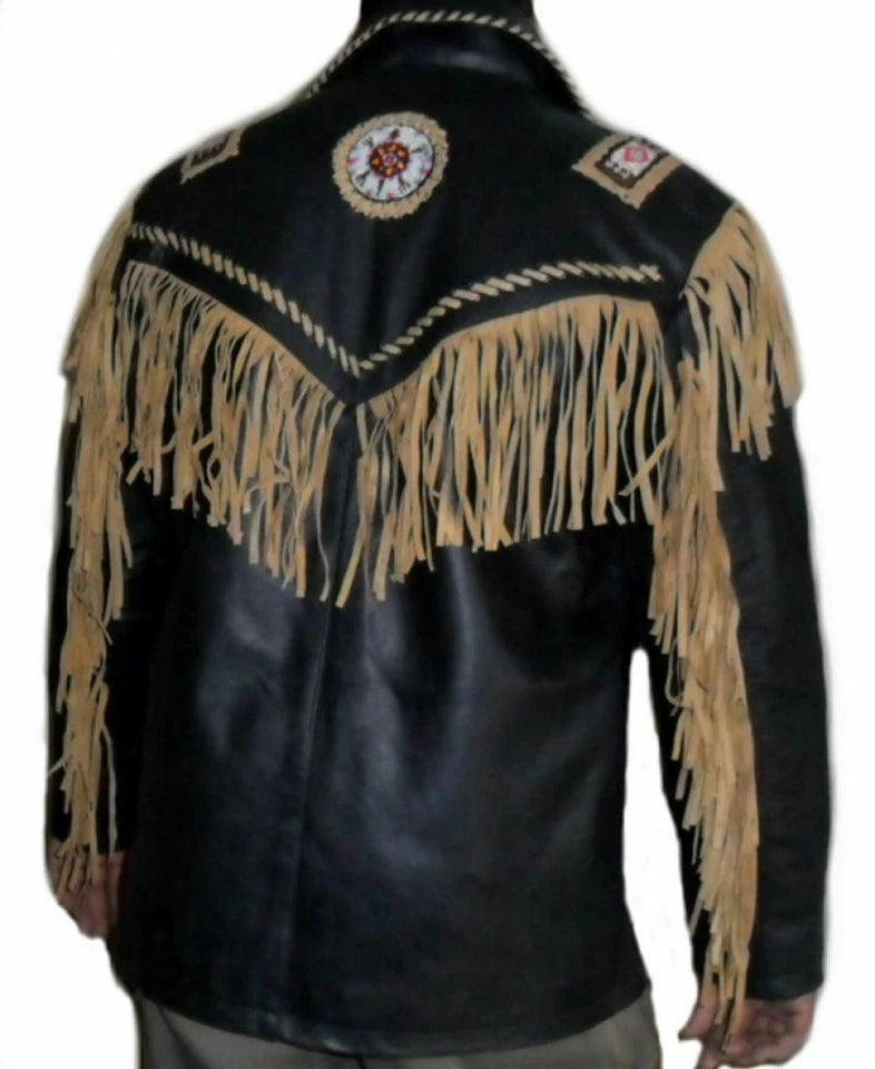 Men Western Cowboy Suede Fringe Jacket Beaded Native American Leather Jacket