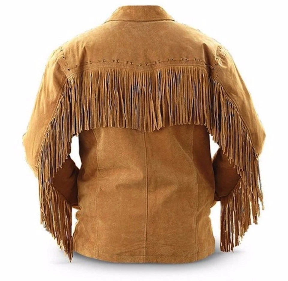 Men Western Cowboy Suede Fringe Jacket Native American Fringe Leather Jacket