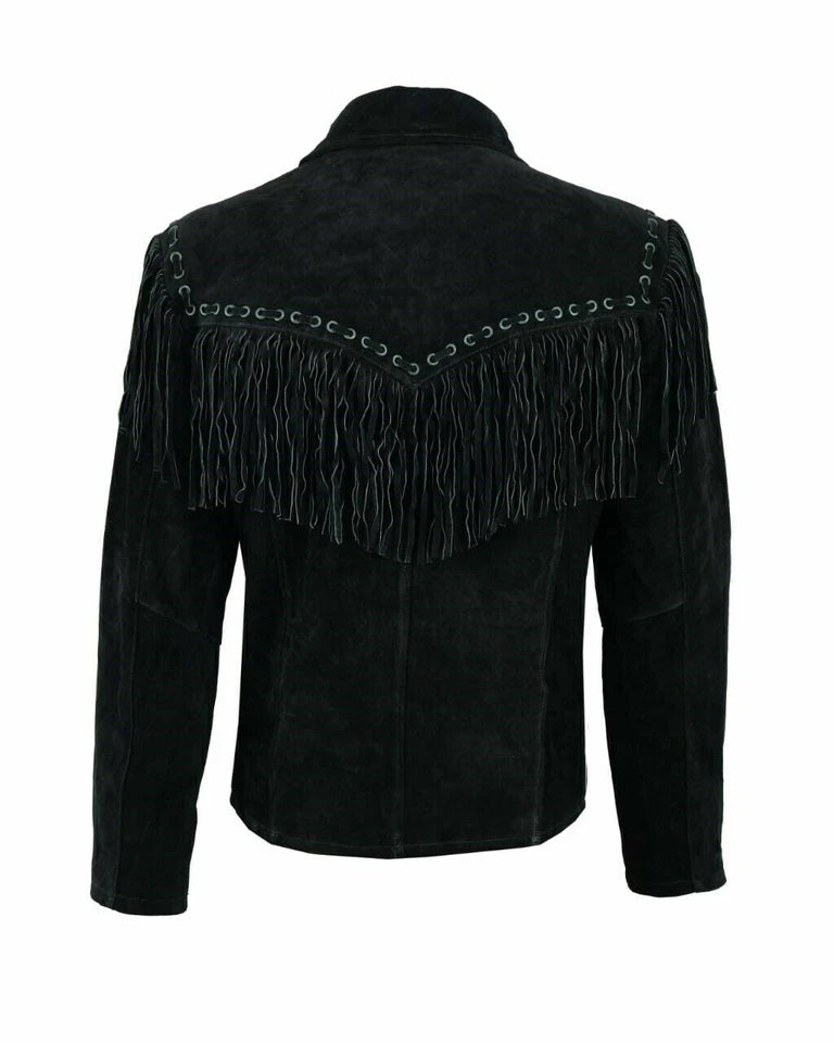 Men Western Cowboy Suede Fringe Jacket Native American Fringe Leather Jacket