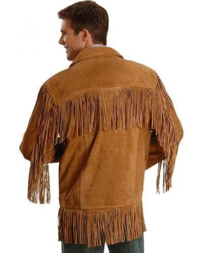 Men Western Cowboy Suede Fringe Jacket Native American Fringe Leather Jacket