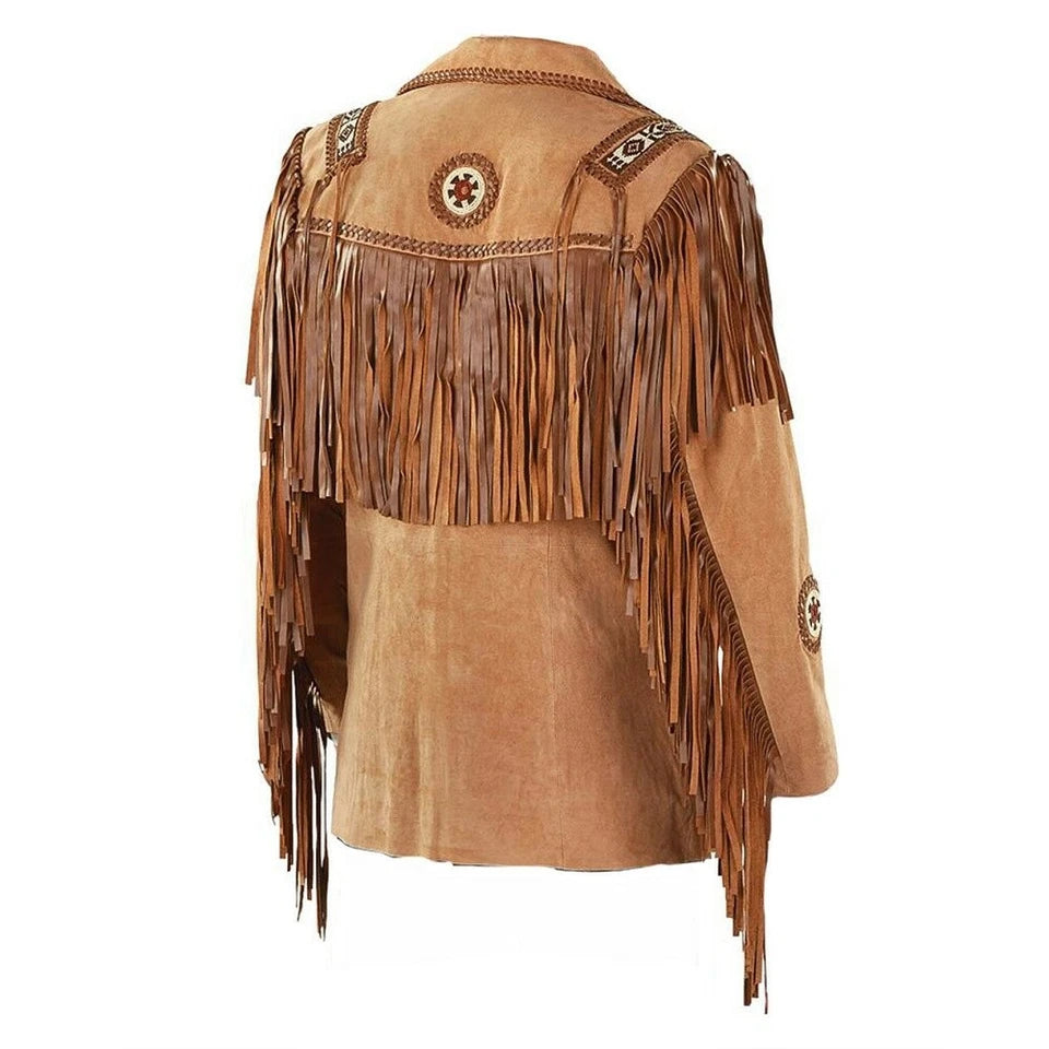 Men Western Cowboy Suede Fringe Jacket Beaded Native American Leather Jacket