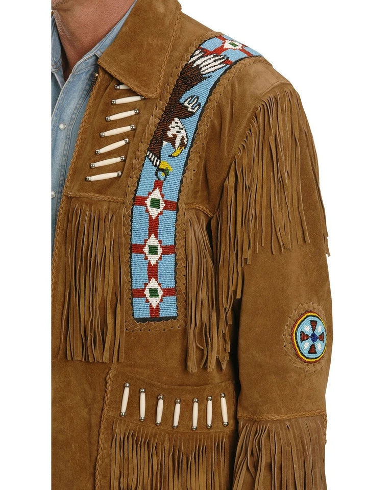 Men Western Cowboy Suede Fringe Jacket Beaded Native American Leather Jacket