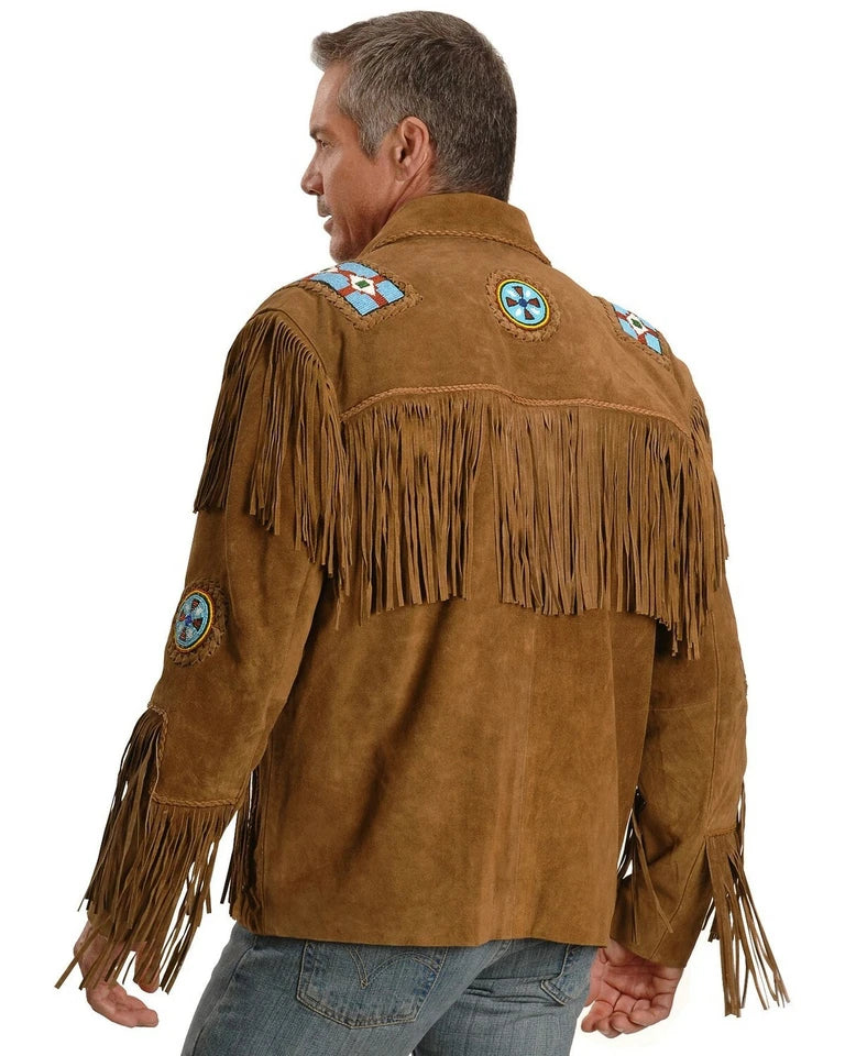 Men Western Cowboy Suede Fringe Jacket Beaded Native American Leather Jacket