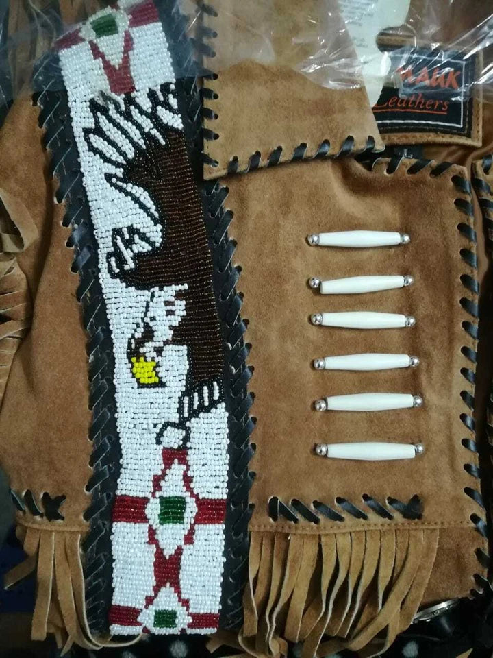 Men Western Cowboy Suede Fringe Jacket Beaded Native American Leather Jacket