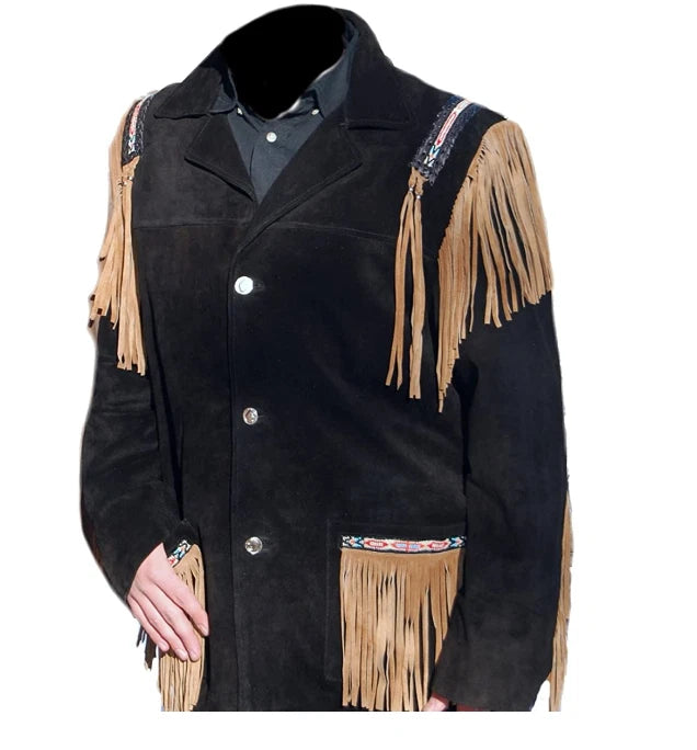 Men Western Cowboy Suede Fringe Jacket Beaded Native American Leather Jacket