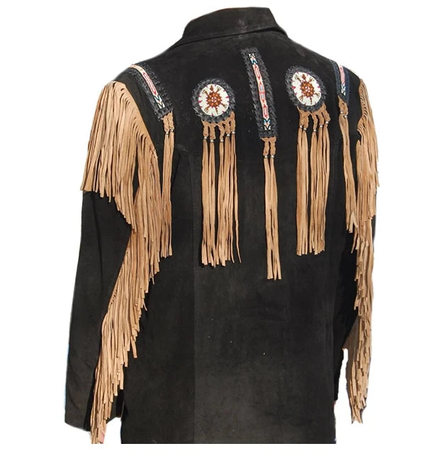 Men Western Cowboy Suede Fringe Jacket Beaded Native American Leather Jacket