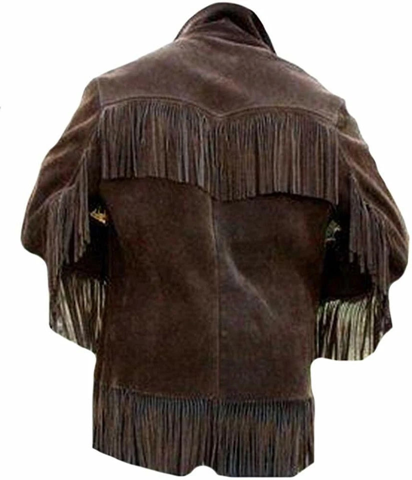 Men Western Cowboy Suede Fringe Jacket Native American Fringe Leather Jacket