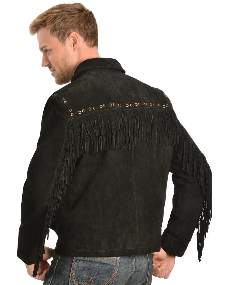 Men Western Cowboy Suede Fringe Jacket Native American Fringe Leather Jacket