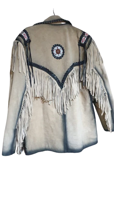 Men Western Cowboy Suede Fringe Jacket Beaded Native American Leather Jacket