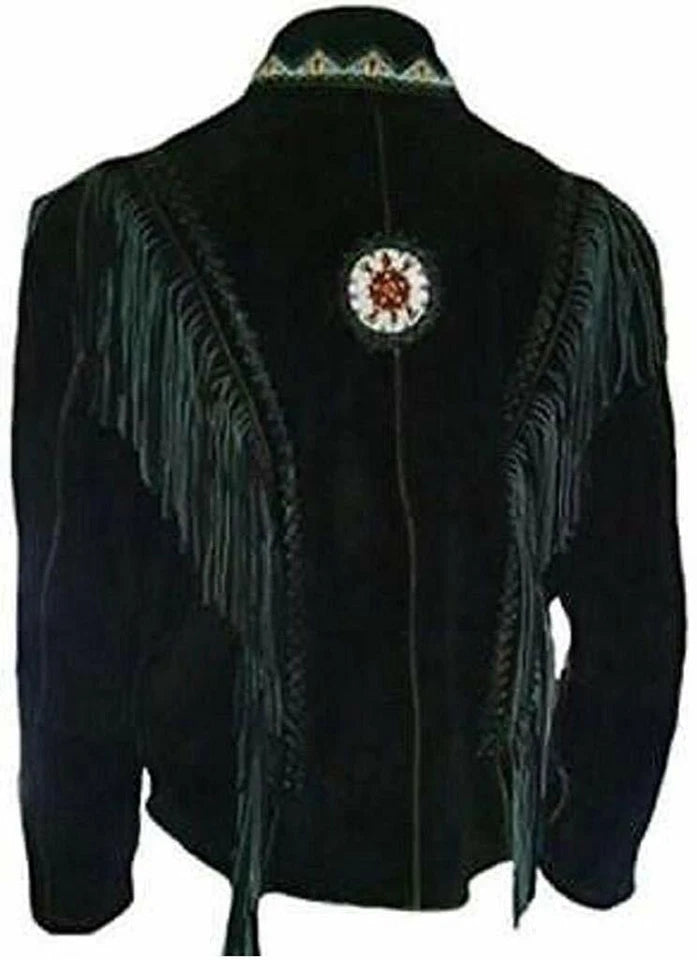 Men Western Cowboy Suede Fringe Jacket Beaded Native American Leather Jacket