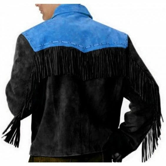 Men Western Cowboy Suede Fringe Jacket Native American Fringe Leather Jacket