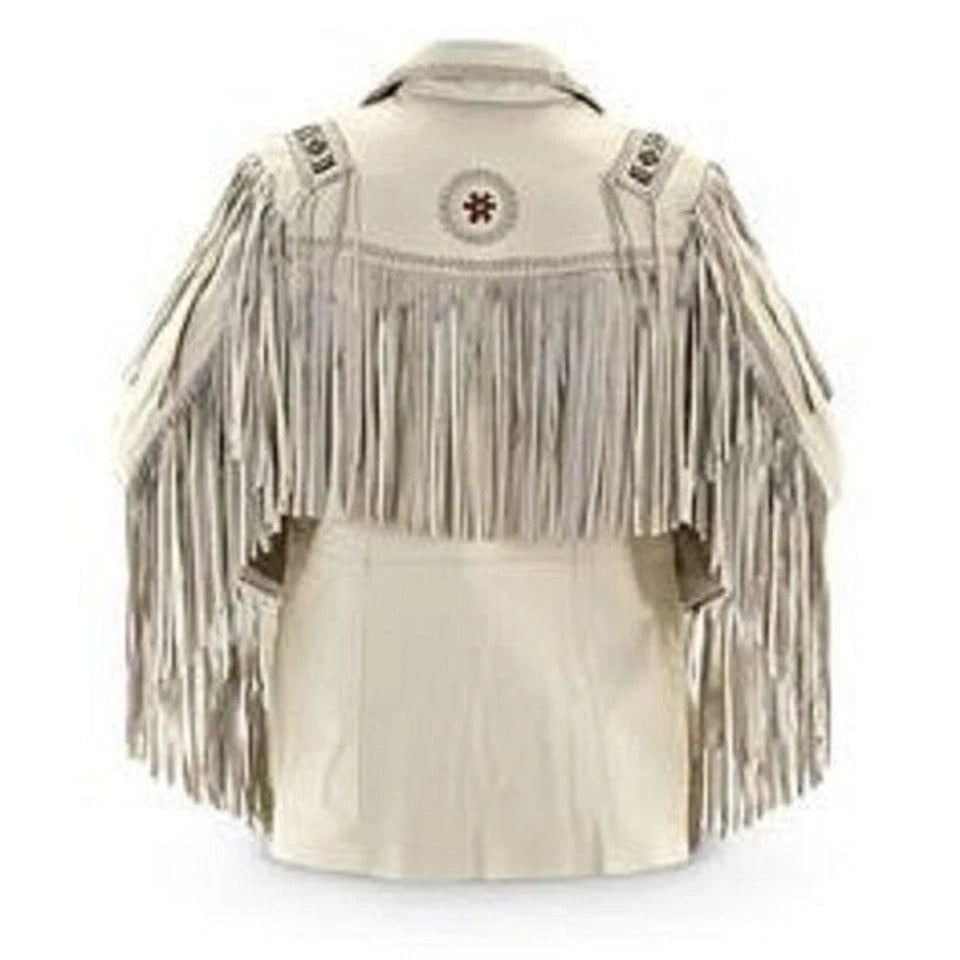Men Western Cowboy Suede Fringe Jacket Beaded Native American Leather Jacket