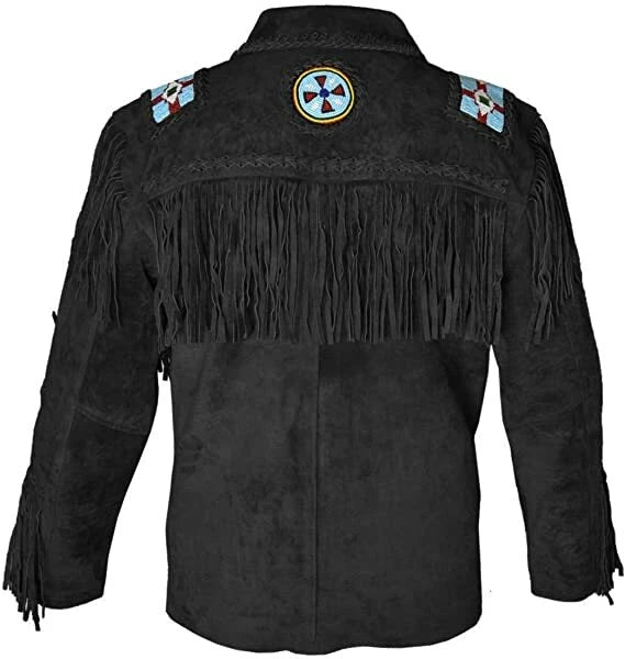 Men Western Cowboy Suede Fringe Jacket Beaded Native American Leather Jacket