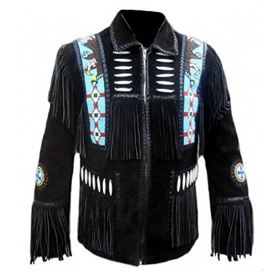 Men Western Cowboy Suede Fringe Jacket Beaded Native American Leather Jacket