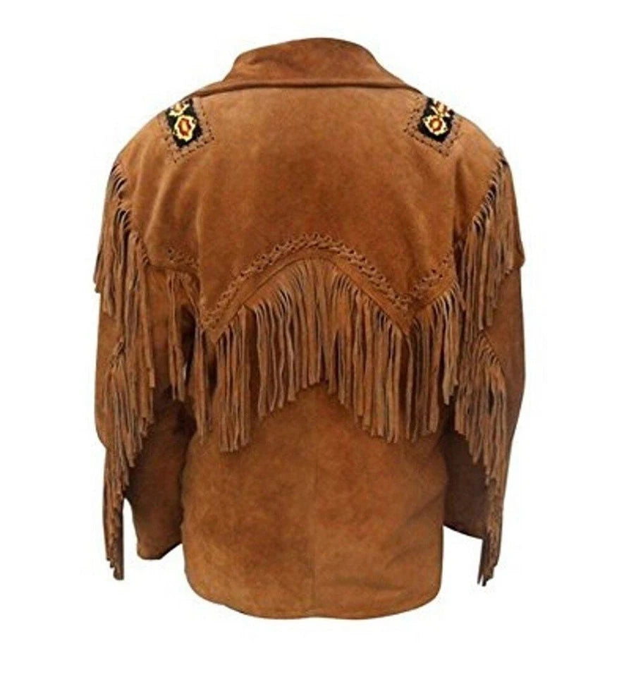 Men Western Cowboy Suede Fringe Jacket Beaded Native American Leather Jacket