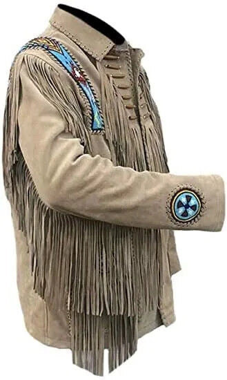 Men Western Cowboy Suede Fringe Jacket Beaded Native American Leather Jacket