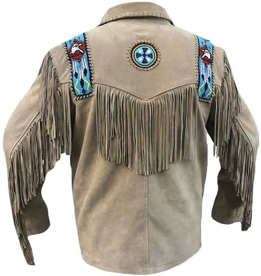 Men Western Cowboy Suede Fringe Jacket Beaded Native American Leather Jacket