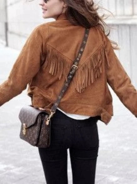 Women Native American Western Leather Jacket Suede Leather Fringe & Snap Closure