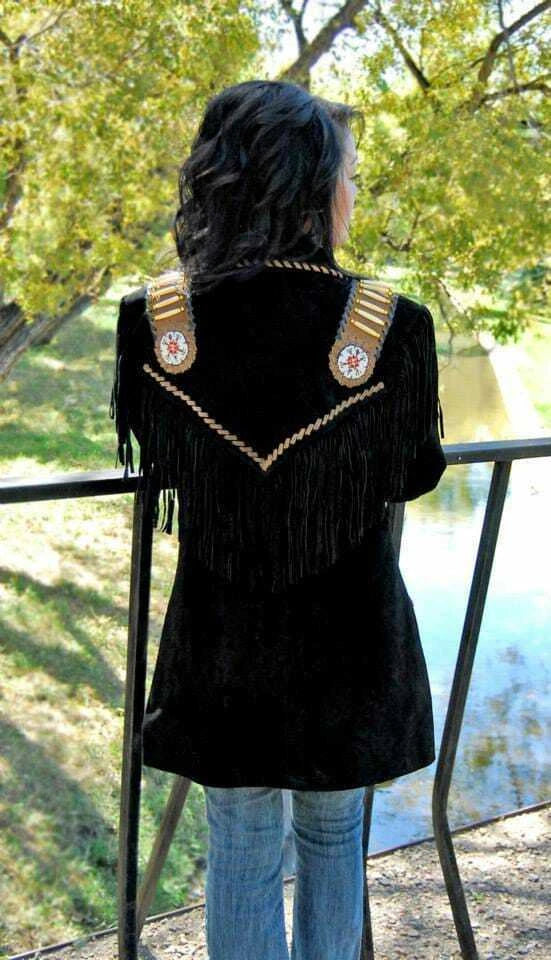 Women Black Suede Leather Jacket Contrast Fringe & Bead Work - Western Cowboy