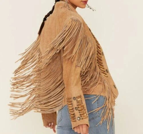 Women Brown Native American Western Cowboy Leather Jacket Suede Fringe & Beaded