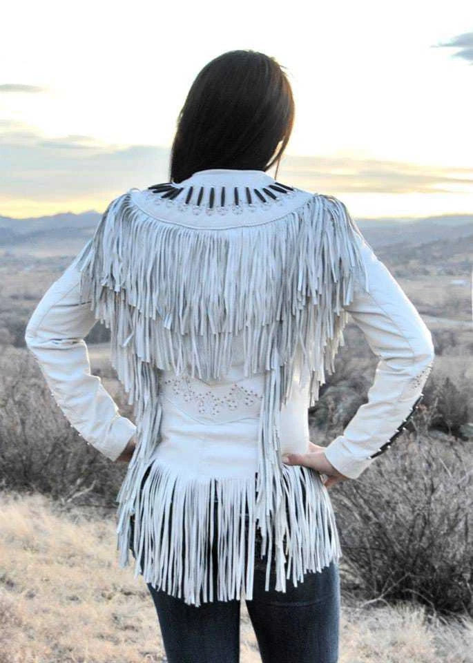 Women Native American Western Real Leather Jacket Fringe & Beaded - White