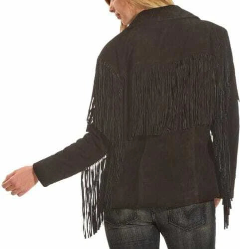 Women Native American Western Cowboy Leather Jacket Fringe Suede Jacket - Black