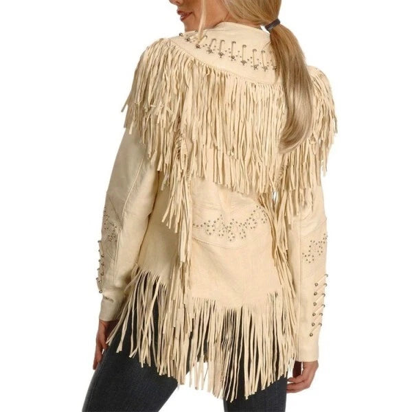 Women Western Style Real Leather Jacket Fringes & Bead Work - Cream Real Leather