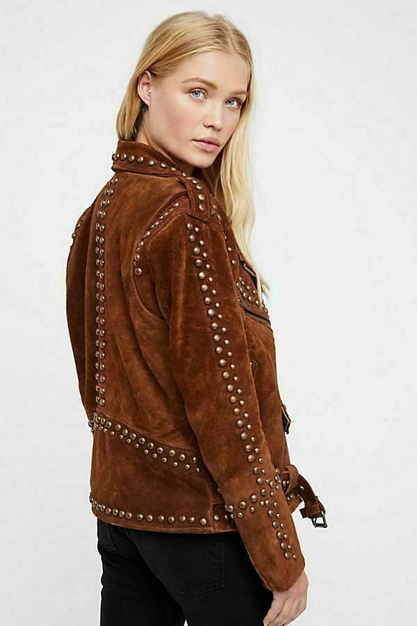 Women Brown Western Style Suede Leather Jacket Tips & Studs - Zipper
