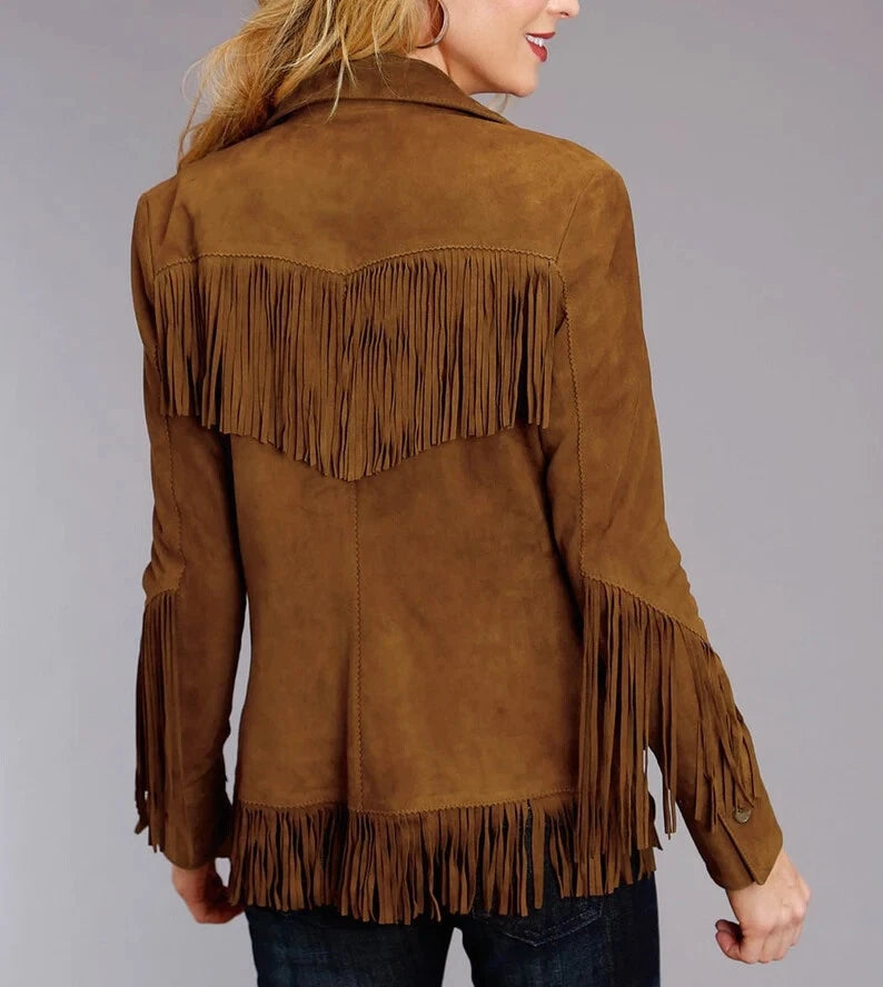 Women Suede Leather Western Style Jacket With Fringe - Brown Suede
