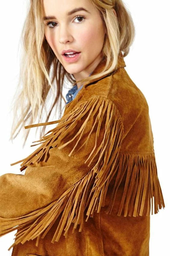 Women Native American Western Leather Jacket Suede Leather Fringe & Snap Closure