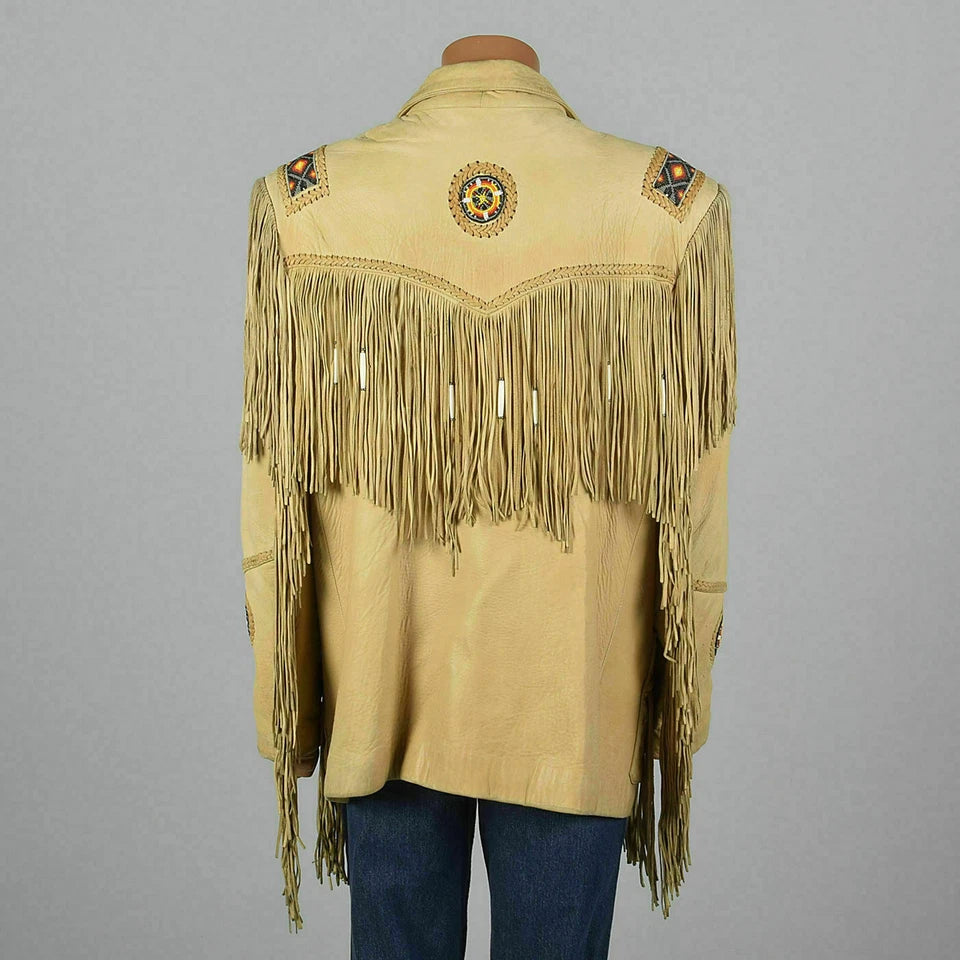 Women American Native Western Leather Jacket Fringed & Beaded - Real Leather