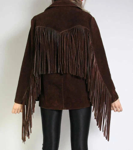 Women American Native Western Style Suede Leather Jacket Fringes - Dark Brown