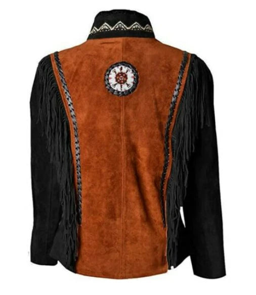 Women Suede Leather American Native Style Jacket Fringed & Beaded - Contrast