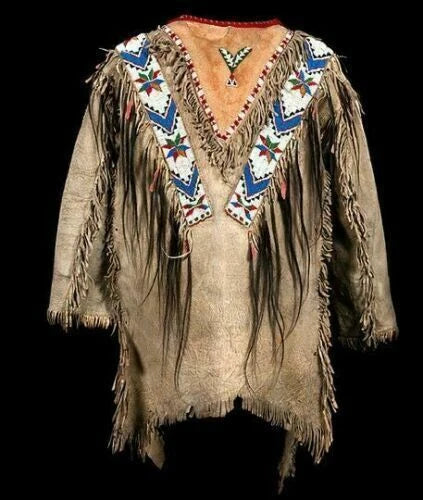 Men Traditional Wear Western Style Suede Leather Warrior Shirt Fringes & Beaded