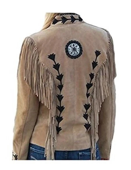 Women Beige Western Style Suede Leather Jacket Fringe - Beaded & Fringed