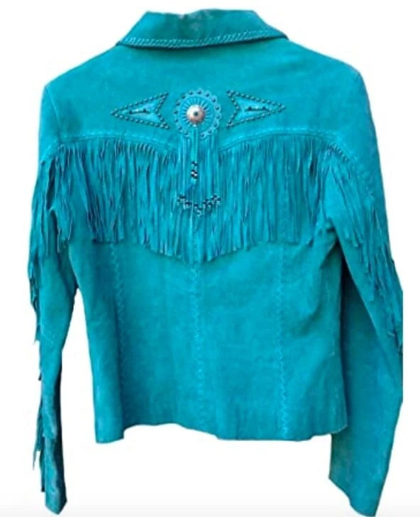 Women Suede Leather Jacket With Fringed & Bead Work - Turquoise Blue
