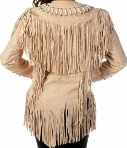 Women Western Style Real Leather Jacket Fringes & Bead Work - Beige Real Leather
