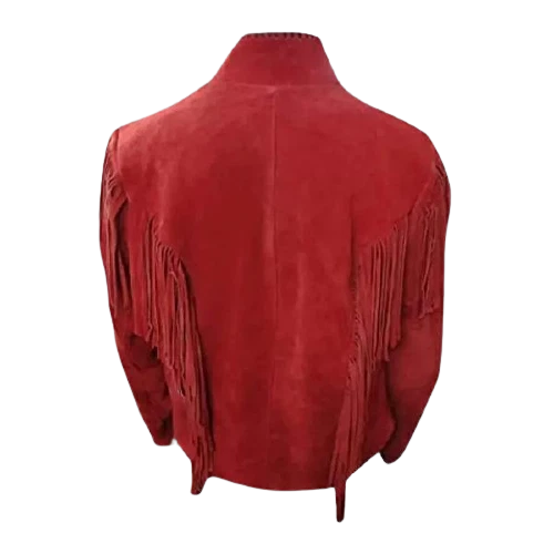 Women American Native Western Suede Leather Jacket Fringed & Beaded - Red